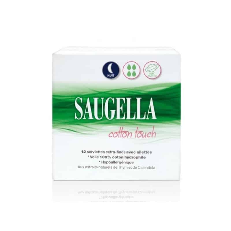 Saugella Cotton Touch 12 Serviettes Extra Fines Nuit Avec Ailettes