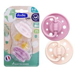 Dodie Sucette 0 - 6 mois Forme Ronde Caoutchouc Naturel Rose et Mauve 2 Sucettes