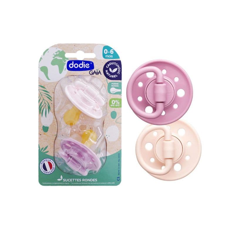 Dodie Sucette 0 - 6 mois Forme Ronde Caoutchouc Naturel Rose et Mauve 2 Sucettes