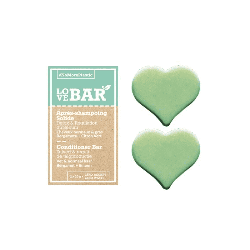 Lovebar Après-shampooing solide Détox & Régulation du Sébum Cheveux normaux et gras Bergamote + Citron vert 2*30 g